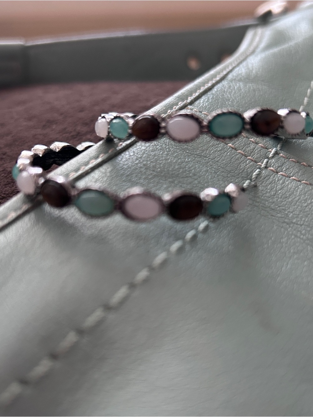 Vintage Sterling Silver Amber, White Opal &  Turquoise Lg Hoop Earrings